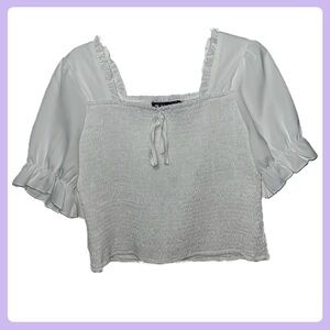 White Smocked Ruffle Blouse